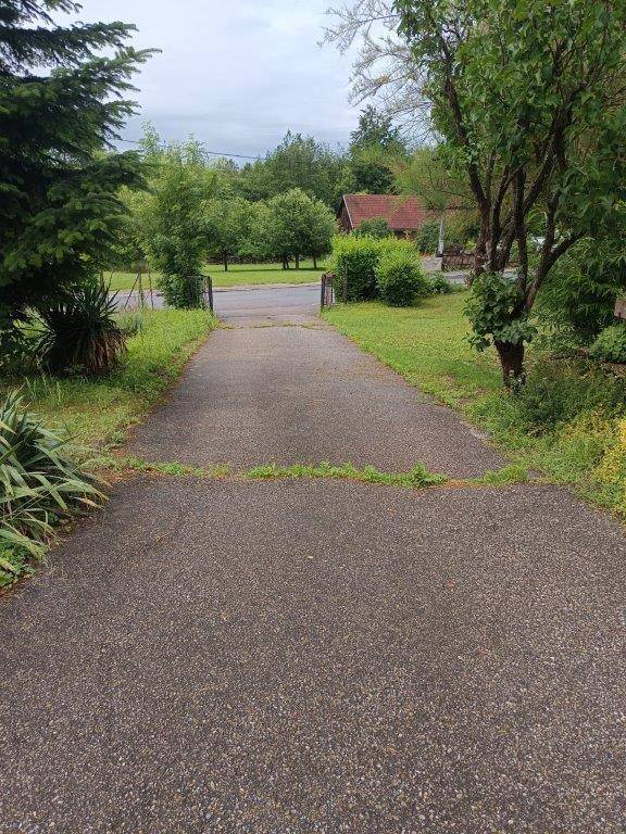 Lange asphaltierte Zufahrt, die durch eine grüne Landschaft führt, mit Bäumen und einem Haus im Hintergrund.