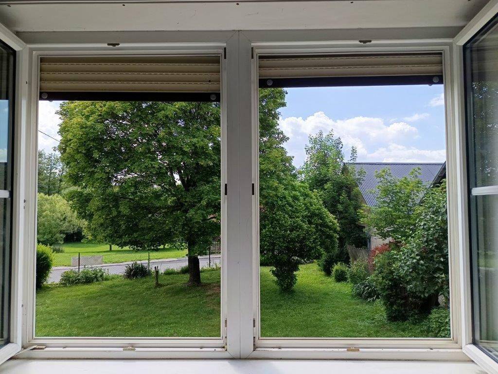 Fenster mit Blick auf einen gepflegten Garten und ein weiteres Gebäude in der Ferne, mit Rollladen.