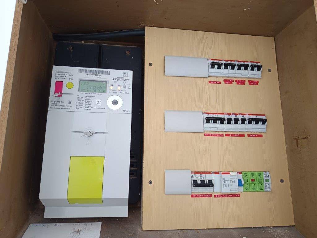 Elektrischer Sicherungskasten und Stromzähler in einem Hauswirtschaftsraum.