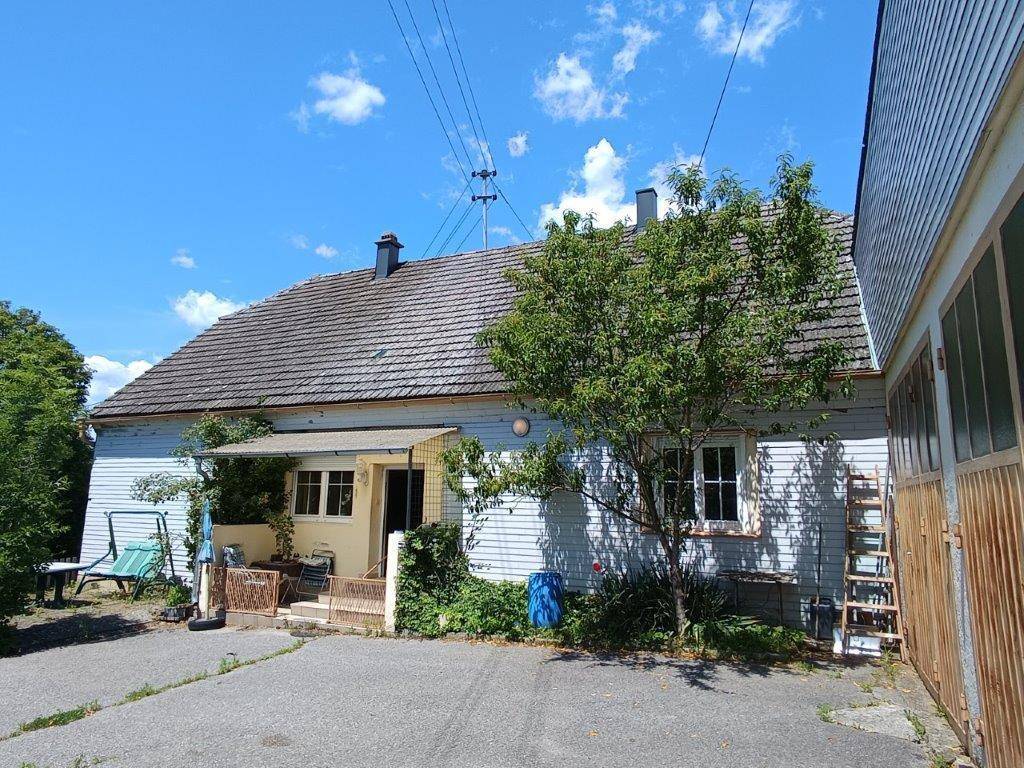 Hintereingang des Hauses mit einer kleinen überdachten Veranda und Zufahrt, umgeben von Bäumen.