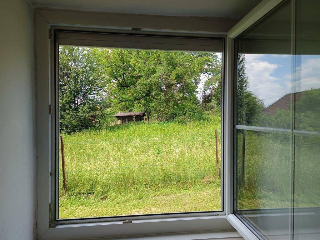 Einzelnes Fenster mit Blick auf eine weite grüne Landschaft und einen Schuppen, mit Rollladen.