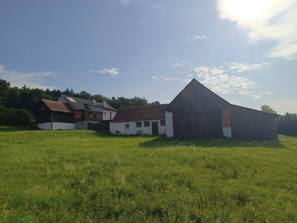 Weitläufiges ländliches Anwesen umgeben von grünen Feldern unter blauem Himmel.