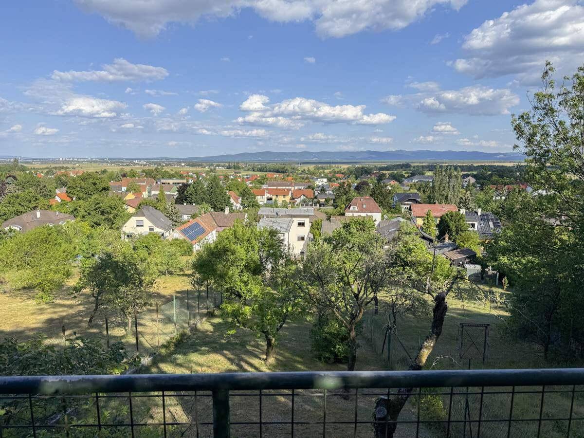 Weitläufiger Blick über eine Siedlung mit vielen Häusern und grünen Gärten bis zu den Bergen.