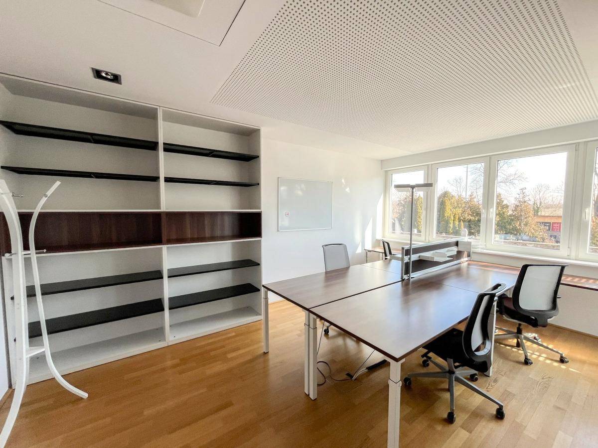 Helles Büro mit Holzfußboden, weißen Regalen und Blick ins Grüne durch große Fenster, sehr einladend.