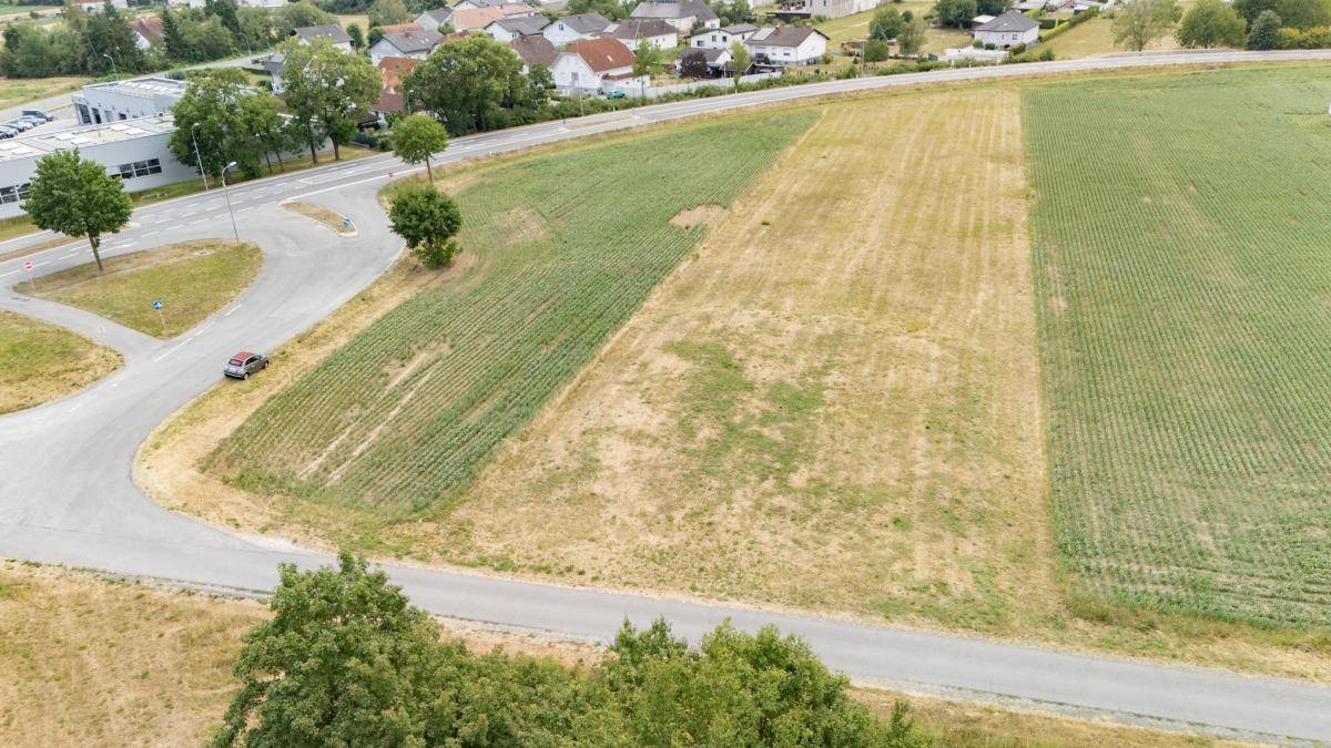 Weitläufiges Grundstück mit landwirtschaftlicher Nutzung, angrenzender Straße und Blick auf ein Gewerbegebiet.