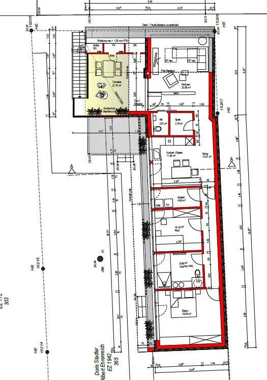 Detaillierter Grundriss einer Wohneinheit mit mehreren Zimmern und Außenbereich.