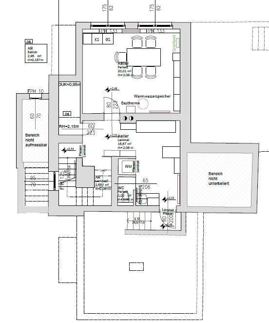 Grundriss des Untergeschosses mit Keller, WC, Abstellraum und Heizungsbereich.