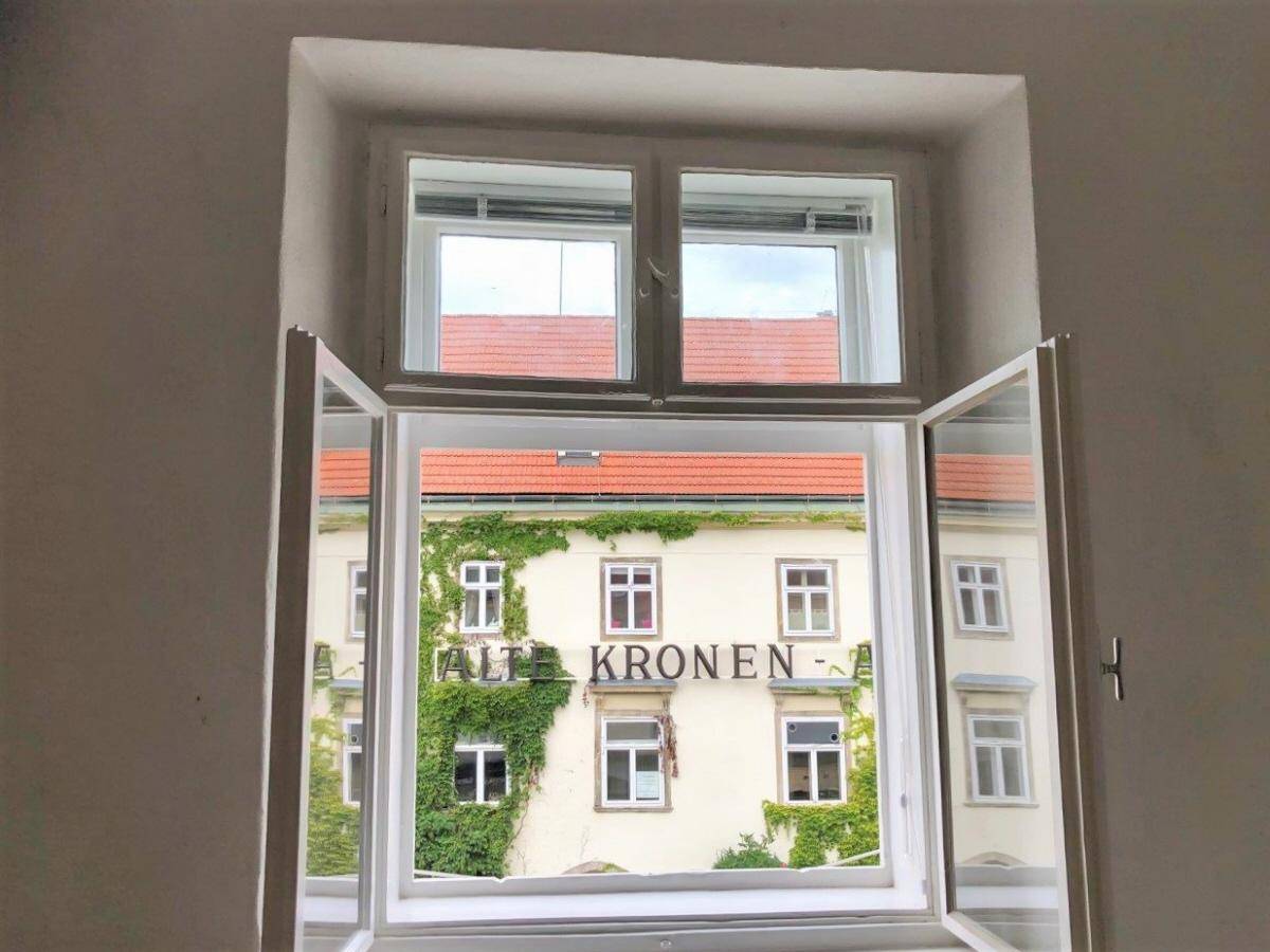 Blick aus einem Fenster auf ein gegenüberliegendes historisches Gebäude mit grünen Ranken und roten Dächern.