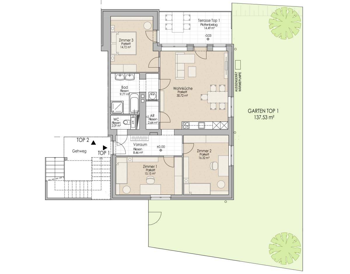 Grundriss der Wohnung Top 1 mit drei Zimmern, Terrasse und Garten.