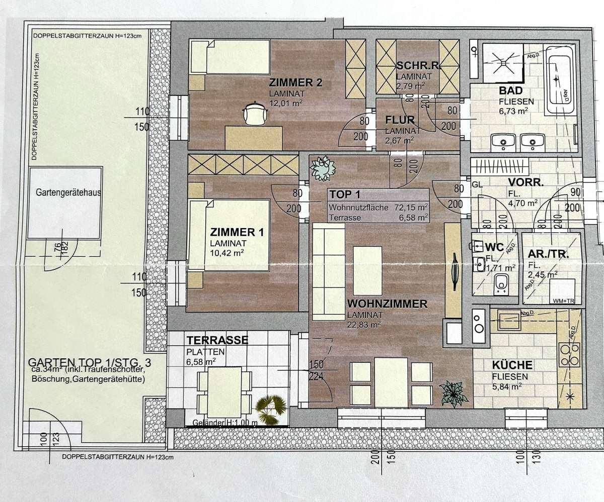 Grundriss einer modernen Wohnung mit zwei Schlafzimmern, Wohnzimmer, Küche und Zugang zu Terrasse und Garten.