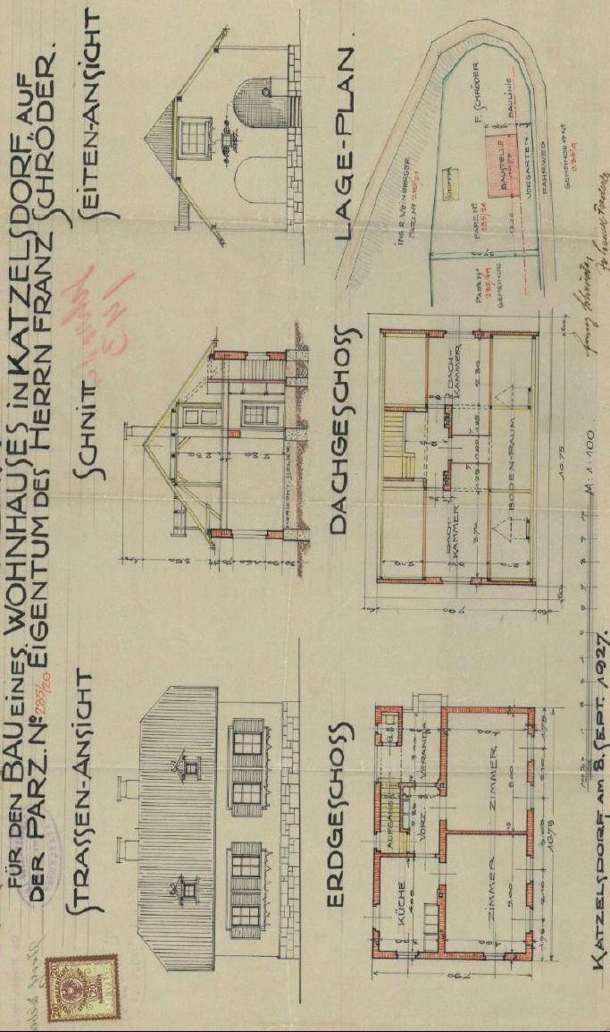 Historischer Grundriss des Wohnhauses mit Erdgeschoss- und Dachgeschossplänen.
