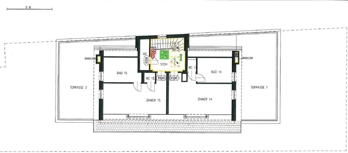 Grundriss des Dachgeschosses mit zwei Zimmern, Bädern und Terrassen.