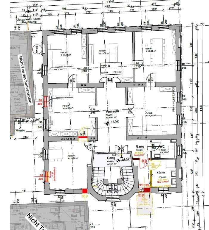 Grundriss der zweiten Etage mit mehreren Zimmern, Vorraum und Parkettflächen.