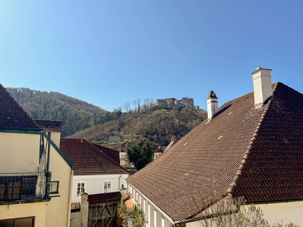 Malerischer Blick auf eine Burgruine auf einem bewaldeten Hügel über den Dächern der Stadt.