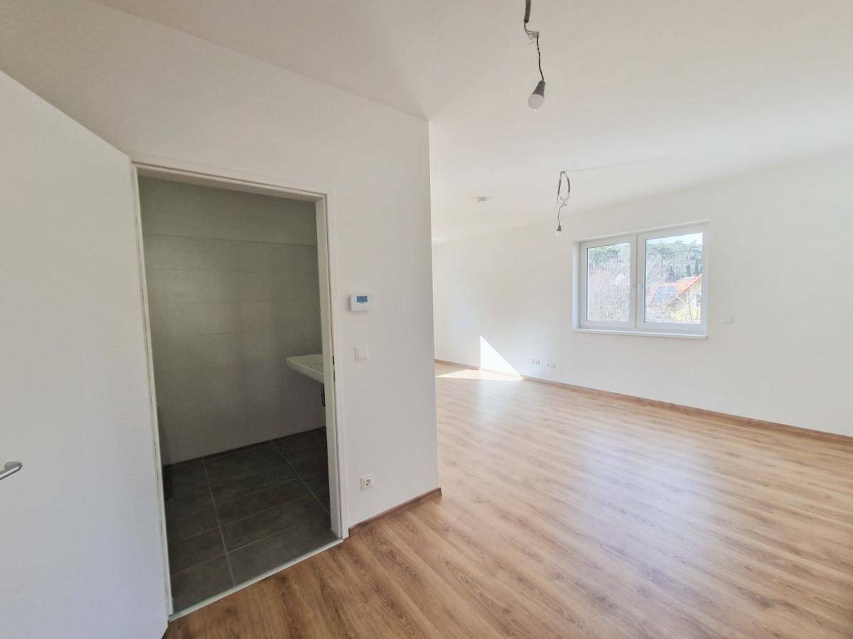 Leerer Wohnraum mit Laminatboden und Zugang zu einem kleinen, gefliesten Nebenraum.