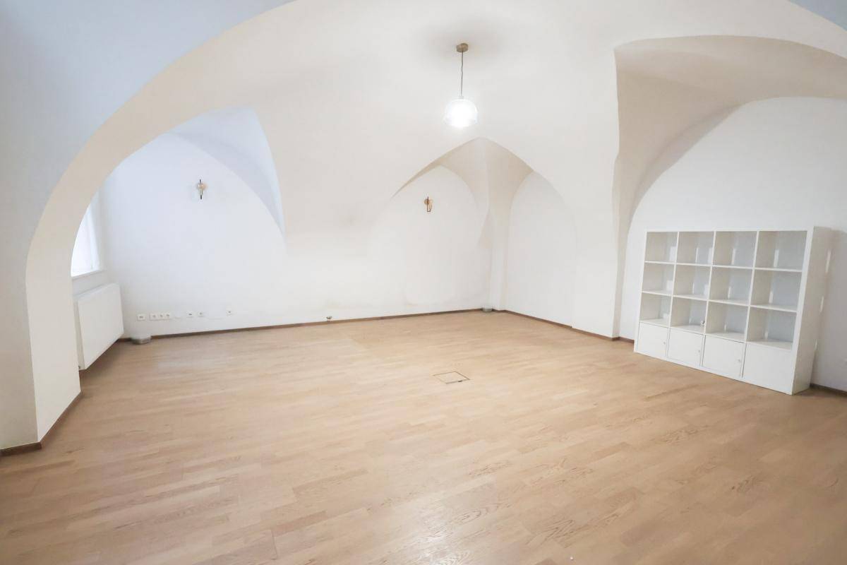 Geräumiger Raum mit gewölbter Decke, Holzboden und einem weißen Regal an der Wand.