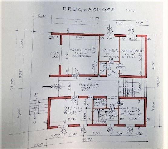 Grundriss des Erdgeschosses mit Wohnzimmer, Schlafzimmer, Bad und separatem WC.