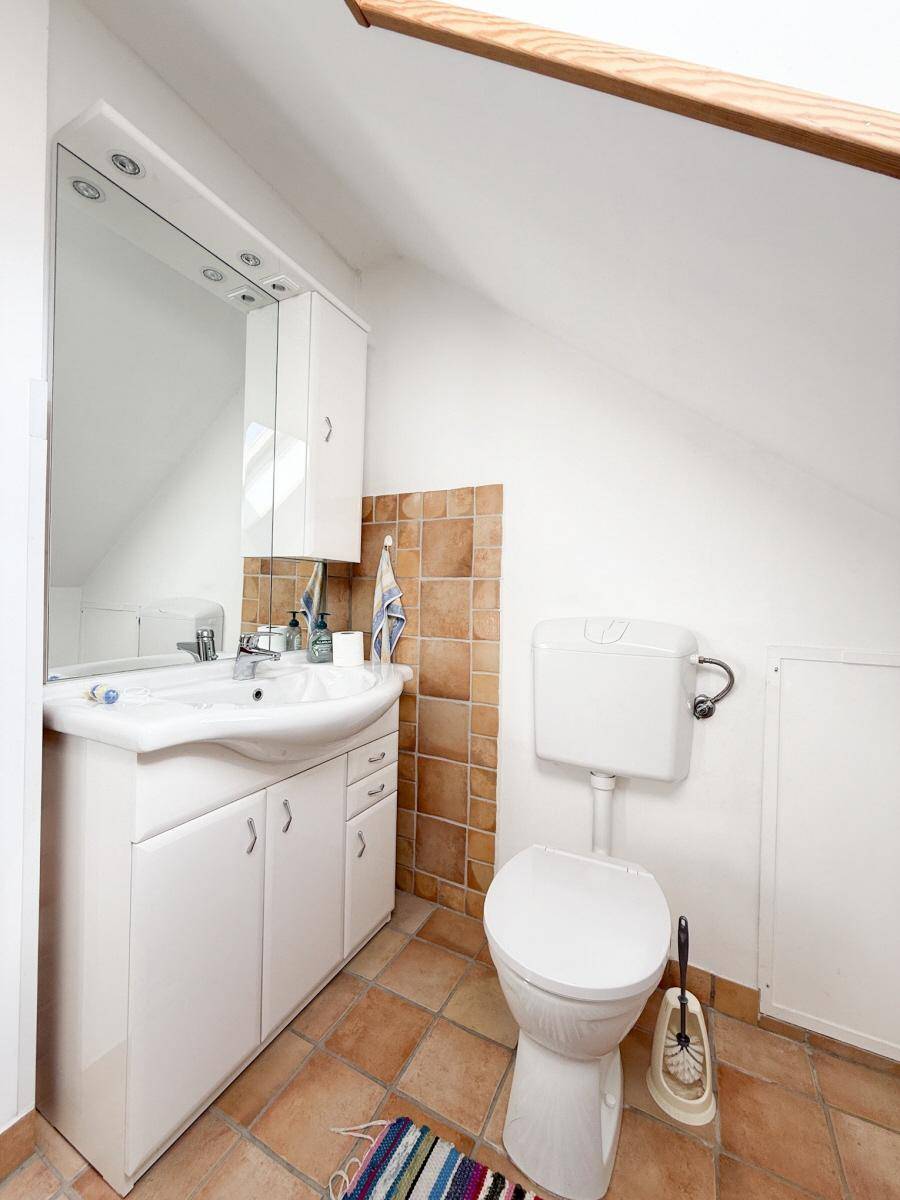 Dachgeschoss-WC mit Waschbecken, Spiegelschrank und Terrakottafliesen.