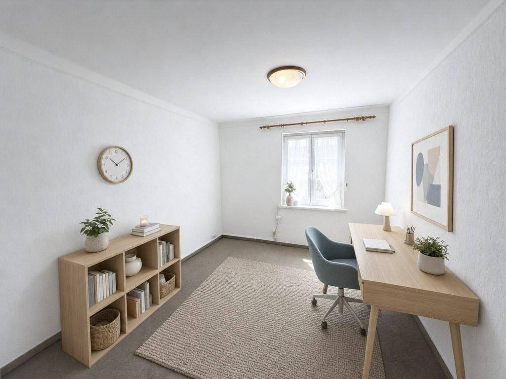Ruhiges Arbeitszimmer mit Schreibtisch, Bücherregal und Fenster, ideal für Home-Office.