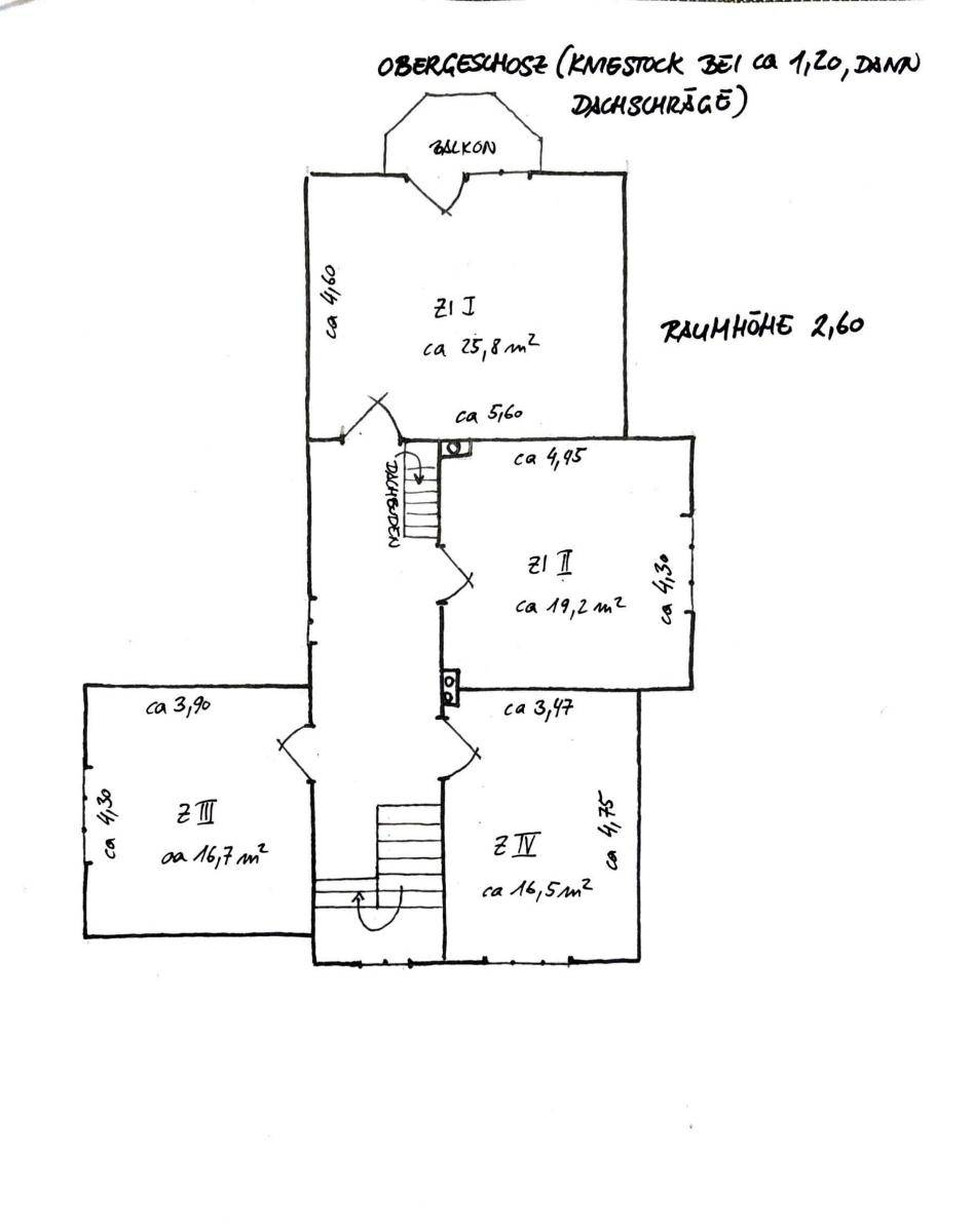 Handgezeichneter Grundriss des Obergeschosses mit Schlafzimmern und Balkon.