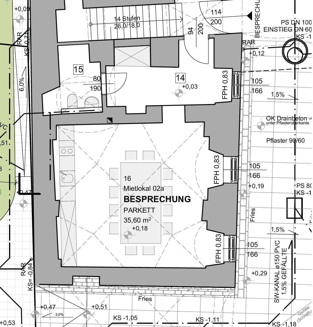 Detaillierter Grundriss eines Mietlokals mit 35,60 m² und Treppenaufgang.