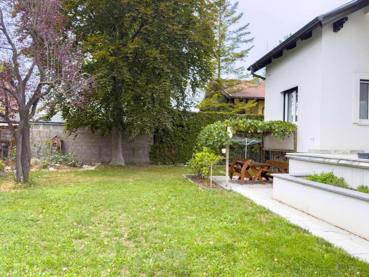 Großer, gepflegter Garten mit Rasenfläche und Sitzgelegenheit unter Weinreben.