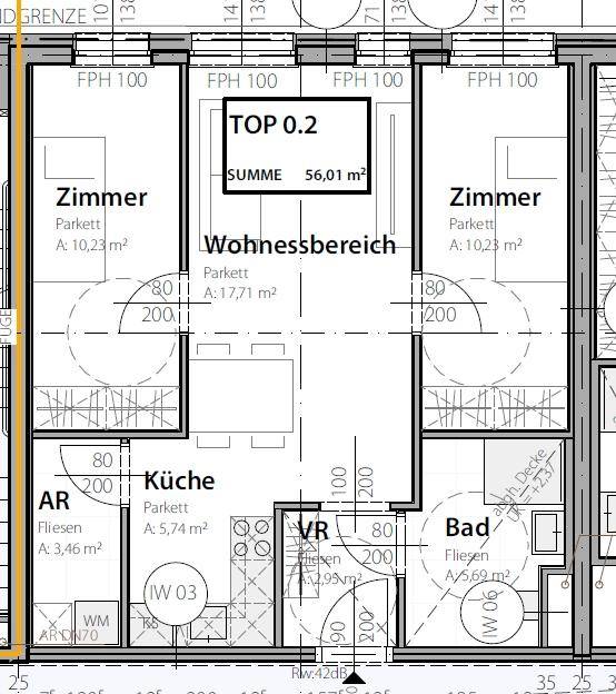 Grundriss der Wohnung TOP 0.2 mit 56,01 m², aufgeteilt in Zimmer, Wohnbereich, Küche und Bad.
