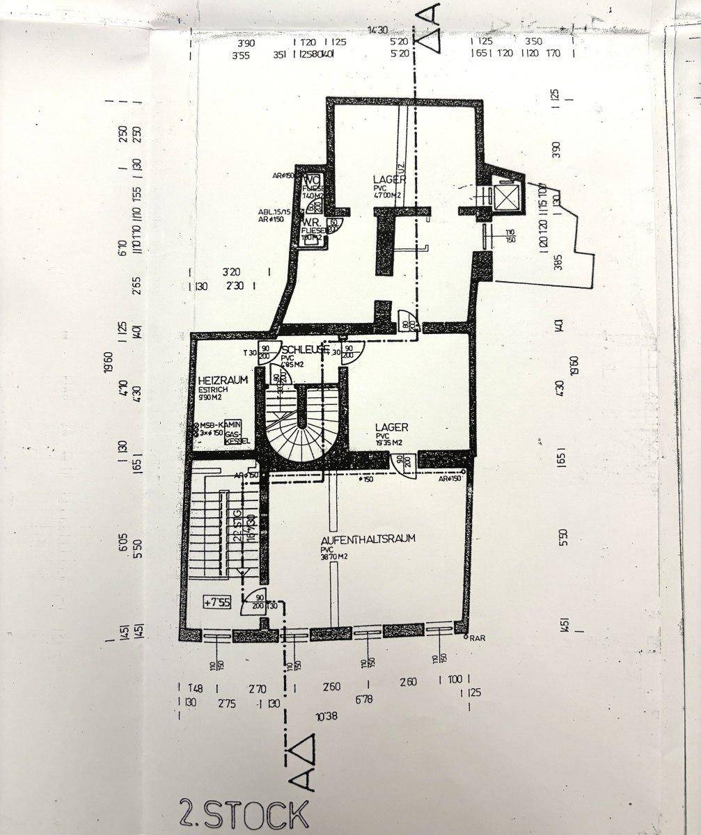 Grundriss des zweiten Obergeschosses mit Heizraum, Lager und Aufenthaltsraum.
