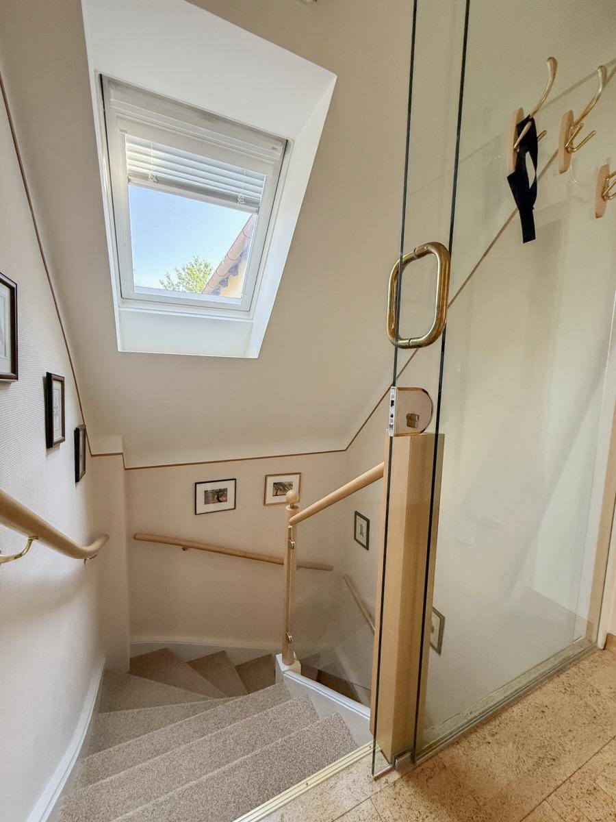 Helle Treppe mit Teppichboden, Glasgeländer und einem Dachfenster für natürliches Licht.
