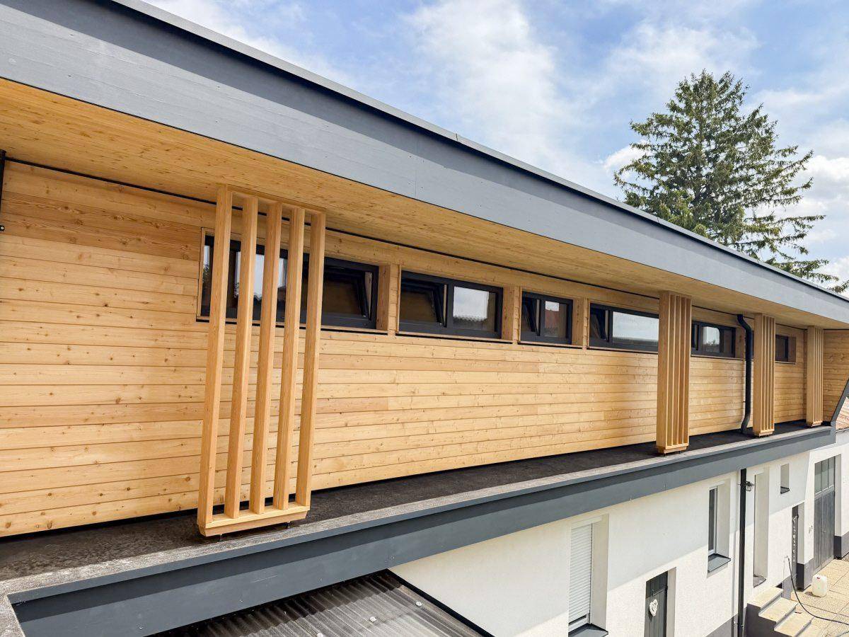 Moderne Fassade mit Holzverkleidung, dunklem Dach und einer Reihe von Fenstern im Obergeschoss.