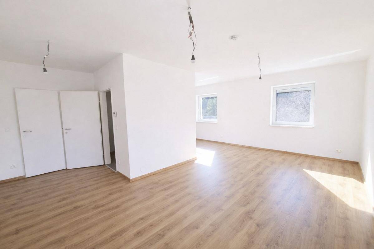 Heller und offener Wohnbereich mit Laminatboden und mehreren Fenstern, die den Raum mit Licht füllen.