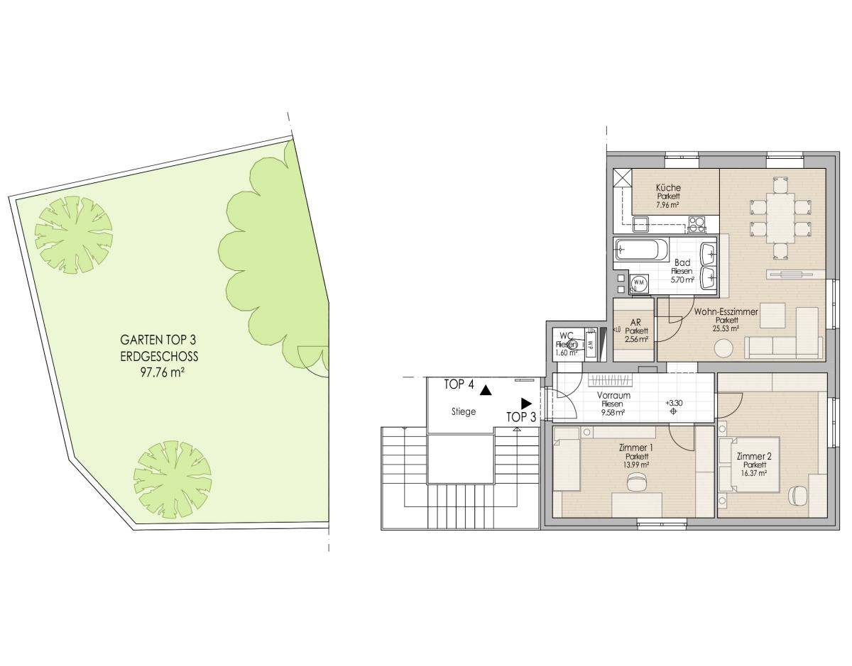 Grundriss einer Erdgeschosswohnung mit Garten, offener Küche, Wohn-Essbereich und zwei Zimmern.