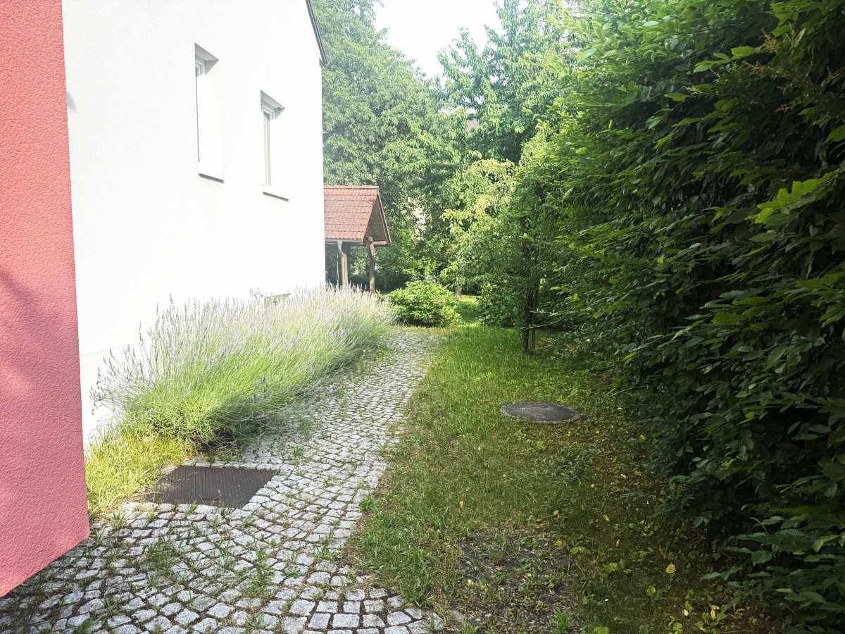 Gepflasterter Gartenweg entlang der Hauswand, umgeben von grünen Pflanzen und Büschen.