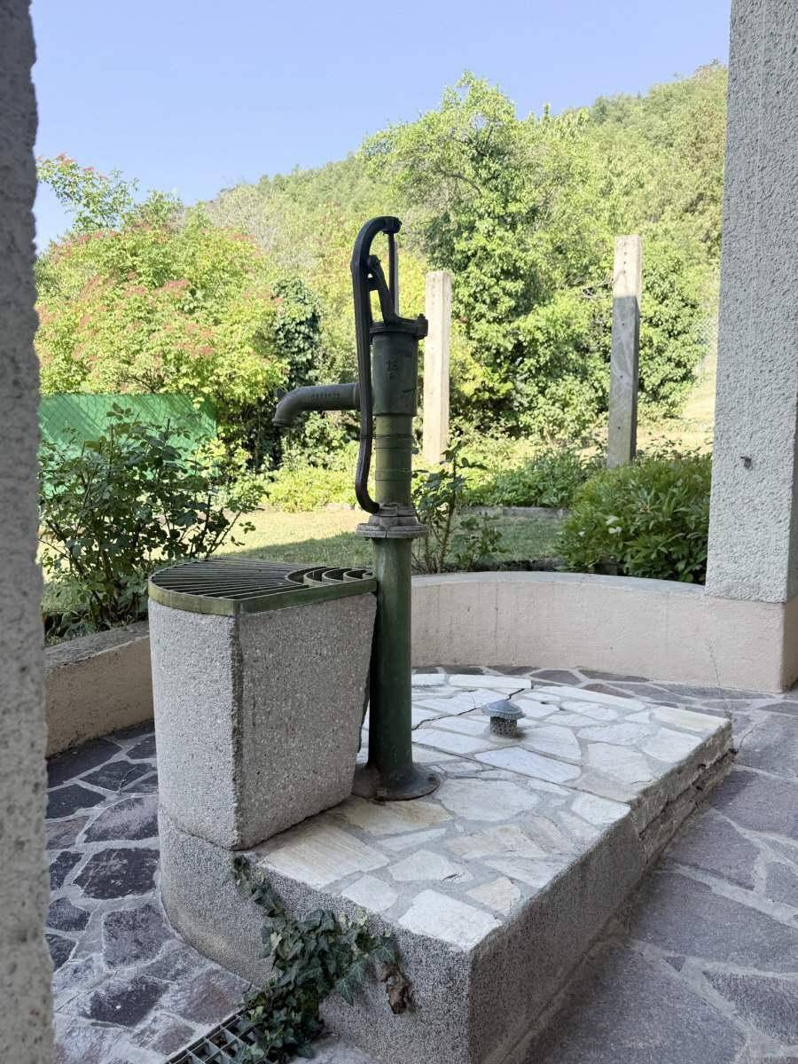 Historische Wasserpumpe auf einem Steinsockel, umgeben von üppigem Grün im Garten.