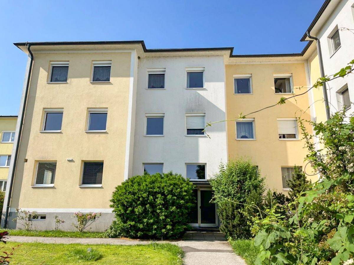 Eingangsbereich eines Wohnhauses mit gepflegter Bepflanzung und Zugangsweg.