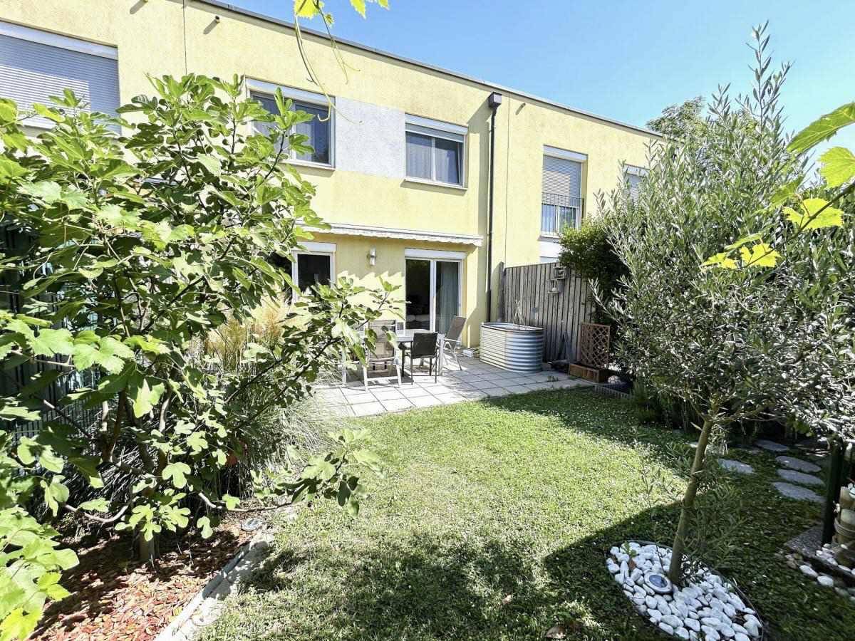 Sonniger Gartenbereich mit Terrasse, Rasen und mediterranen Pflanzen, ideal zum Entspannen.