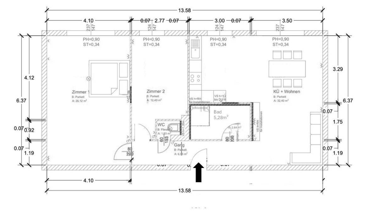 Grundriss einer Wohnung mit zwei Zimmern, Bad, WC und offenem Wohnbereich.