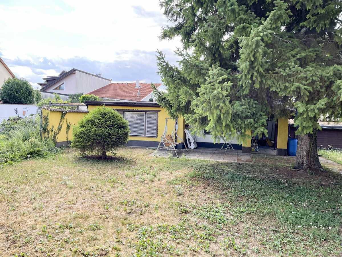 Großer Gartenbereich mit Rasen, Nadelbäumen und einem kleinen gelben Nebengebäude im Hintergrund.
