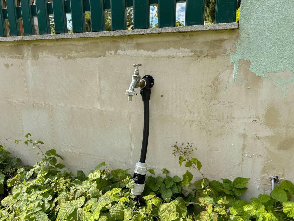 Nahaufnahme eines Wasserhahns an einer Außenwand, umgeben von grünen Pflanzen.