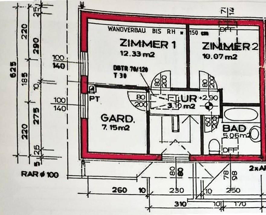 Grundriss des Obergeschosses mit Schlafzimmern, Bad und Flur.