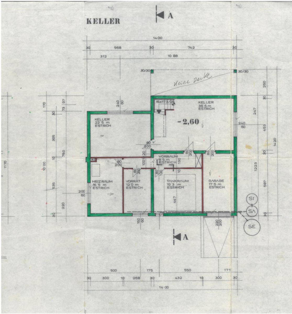 Grundriss des Kellers mit Heizraum, Vorratsraum und Garage.