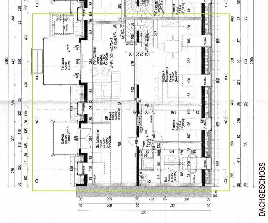 Grundriss des Dachgeschosses mit offener Küche, Wohnzimmer, Schlafzimmer, Bad, Balkon und Terrasse.