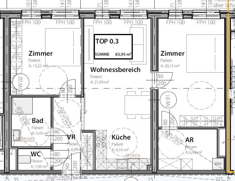 Grundriss der Wohnung TOP 0.3 mit 83,95 m² und offenem Wohnbereich.