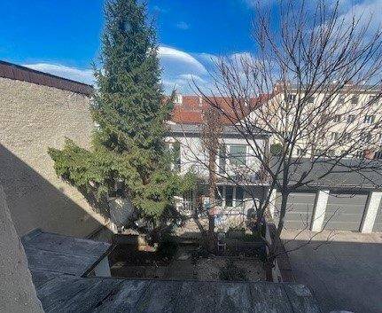 Eine Ansicht des Hinterhofs mit Bäumen und angrenzenden Gebäuden unter einem blauen Himmel.