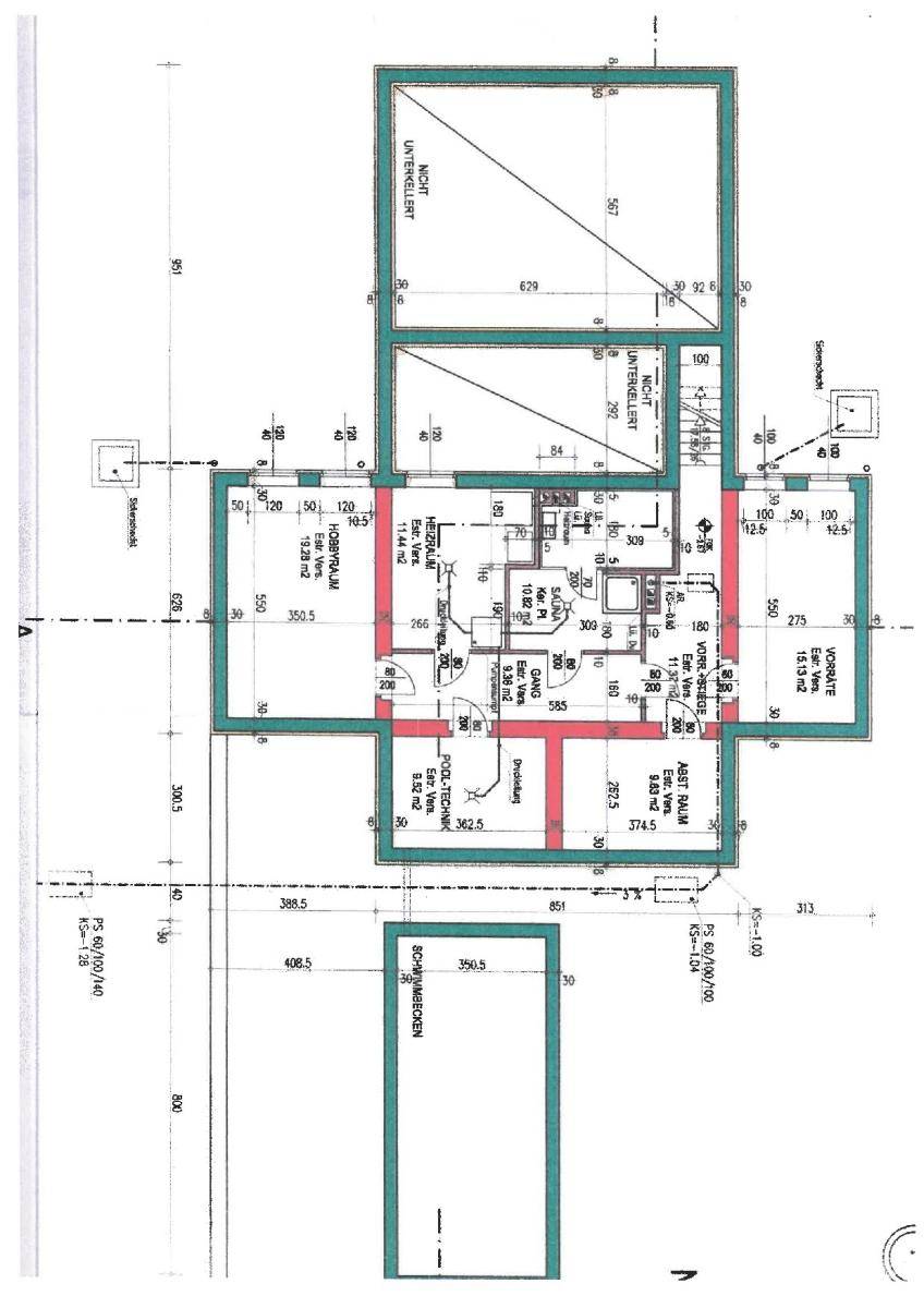 Grundrissplan des Untergeschosses mit Technikraum und Abstellflächen.