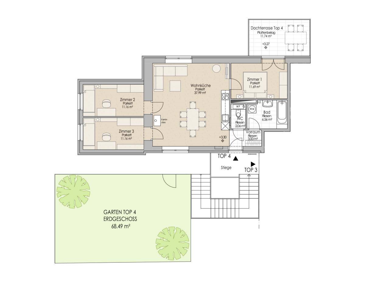Grundriss einer Wohnung mit drei Zimmern, Wohnküche, Bad, WC und Dachterrasse.