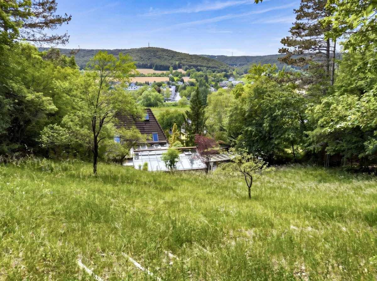 Weitläufiger Blick über die grüne Landschaft mit dem Haus im Tal und bewaldeten Hügeln.