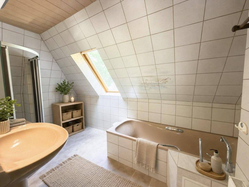 Badezimmer im Dachgeschoss mit Badewanne, Dusche und Dachfenster, gefliest in hellem Beige.