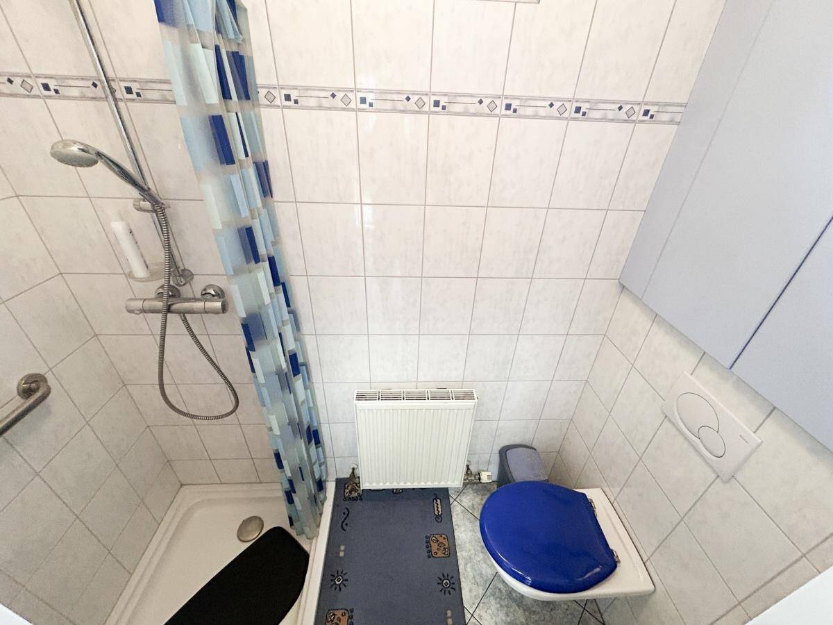 Kleines Badezimmer mit Dusche, Toilette und hellen Fliesen an Wänden und Boden.