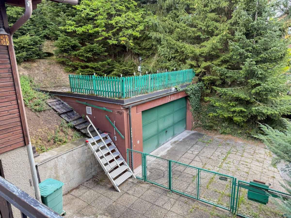 Garage mit grünem Tor und Zufahrt, umgeben von üppiger Vegetation.